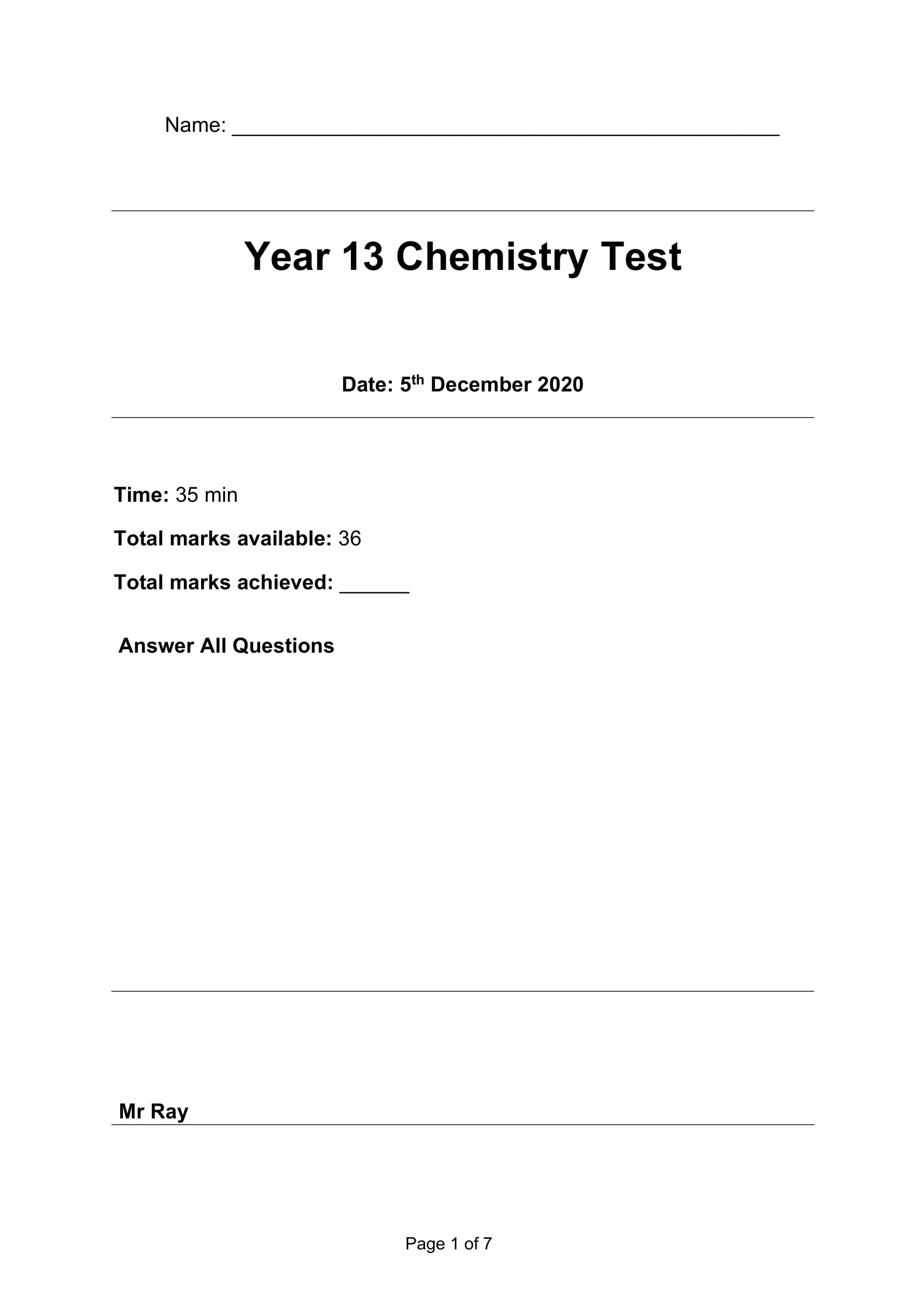 Year 13 Chemistry Test Dec 2020 QP-1